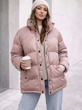 TNA Super Puff Jacket – Taupe Blush Puffer Coat (Size M)